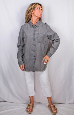Medium Blue- Frayed Button Front stencil Shirt.