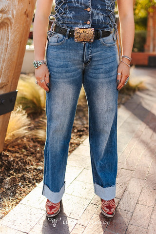 PLUS-Western Cuffed Wide-Leg Jeans in a Medium Wash