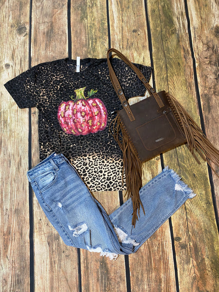 Bleached Pink Leopard Pumpkin Fall Tee