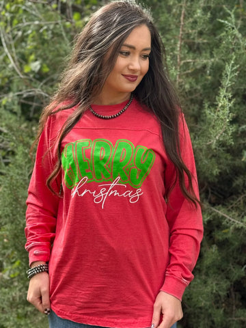 Merry Christmas on Red Vintage Long Sleeve Tee