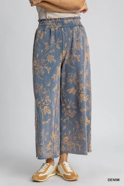 French Terry Floral Print Pants -Denim