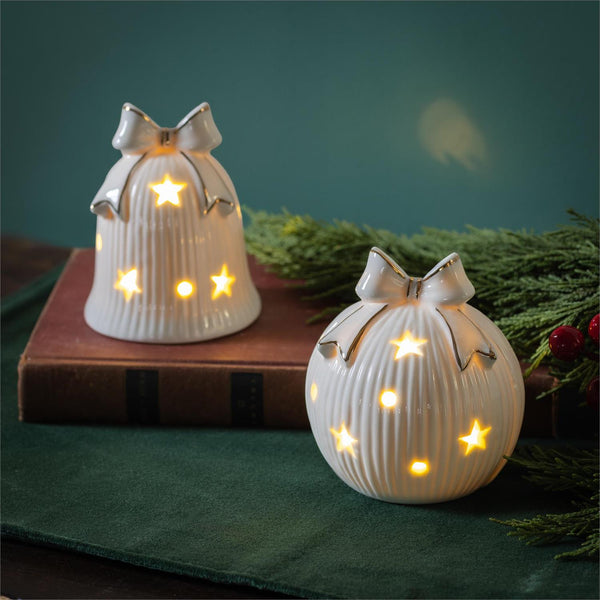 Heartfelt Cheer LED Table Décor Ceramic with Star Cutouts, Asst of 2