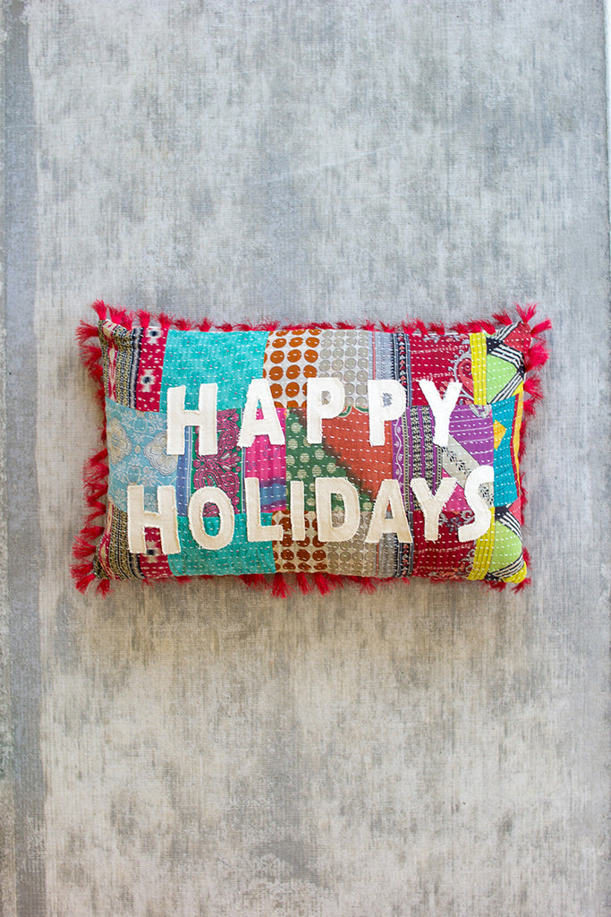 Happy Holiday Kantha Pillow