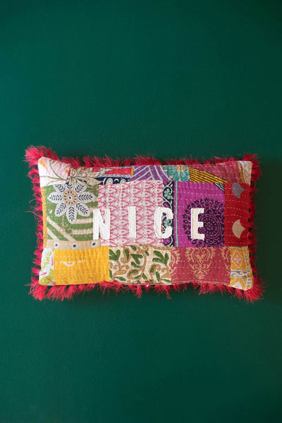 Naughty/Nice Christmas Kantha Pillow