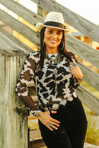 BLACK COW PRINT MESH TOP