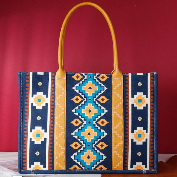 Wrangler Southwestern Pattern Dual Sided Print Canvas Wide Tote Mustard