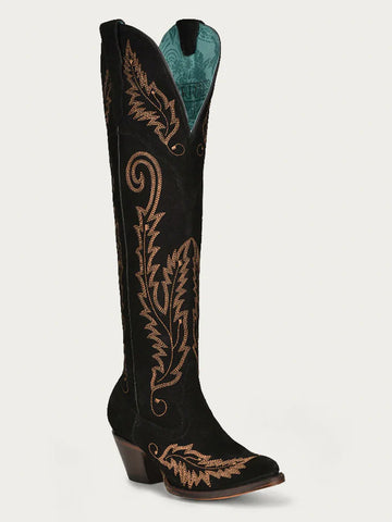 GOLD EMBROIDERY BLACK SUEDE TALL TOP J TOE COWBOY BOOT