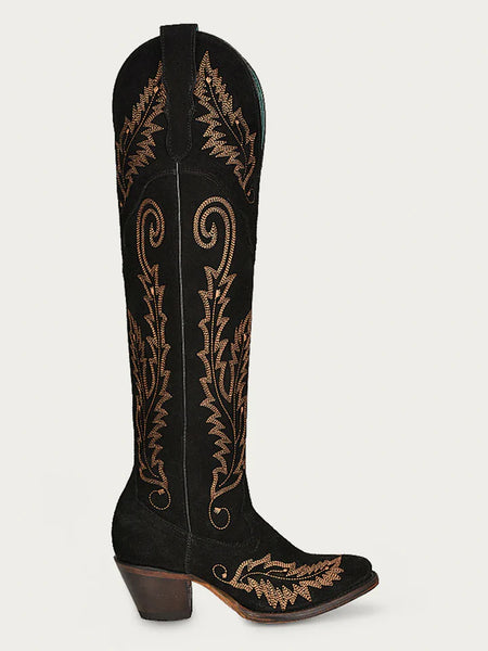 GOLD EMBROIDERY BLACK SUEDE TALL TOP J TOE COWBOY BOOT
