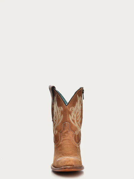 WHITE EMBROIDERY TAN J-TOE ANKLE BOOT WITH ZIPPER