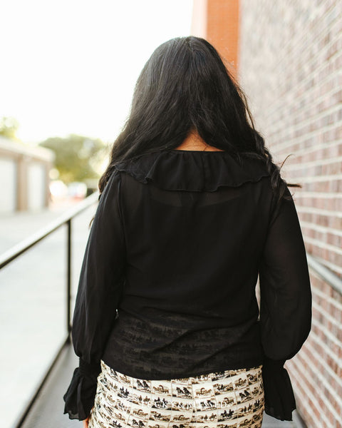 Black Pleated Ruffle Vintage Western Top