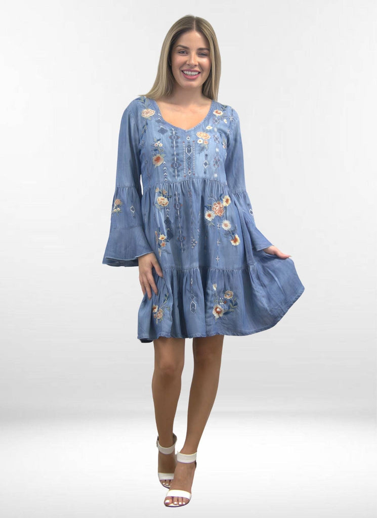 Caite & Kyla - ZOE DRESS | Tiered Tencel Dress with Bell Sleeves: L