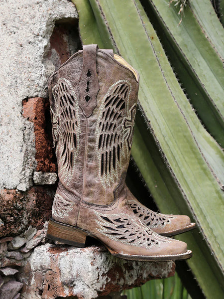 BLACK GLITTER INLAY CROSS AND WINGS EMBROIDERY SQUARE TOE COWBOY BOOT