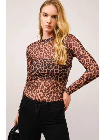 Leopard Mesh Mock Neck Fitted Top