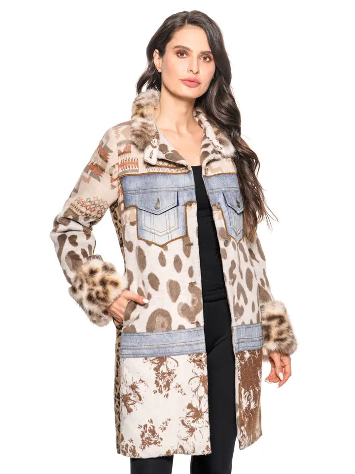 Mixed Media Faux Fur & Denim Trim Coat
