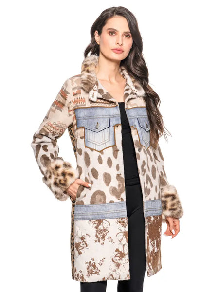 Mixed Media Faux Fur & Denim Trim Coat