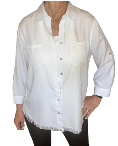 White - Frayed Button Front Tencil Shirt