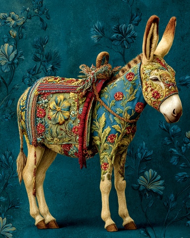 Mowbi - Nordic Rosemaling Style Decorative Donkey Showcasing Elaborate Florals and Intricate Hand Painted Accents - Matted Art Print