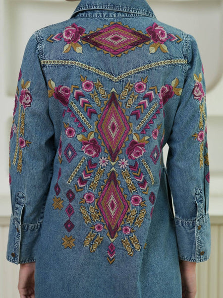 Avani Del Amour - Selena Embroidered Denim Shirt Dress: Ruby Gold