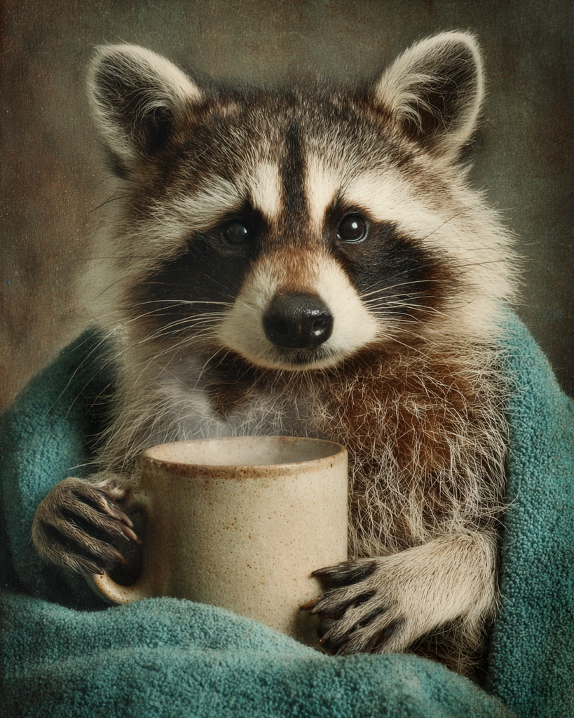 Mowbi - Nothing Beats the Morning Cup - Raccoon Art 8"x10" Artwork for 11"x14" Frame
