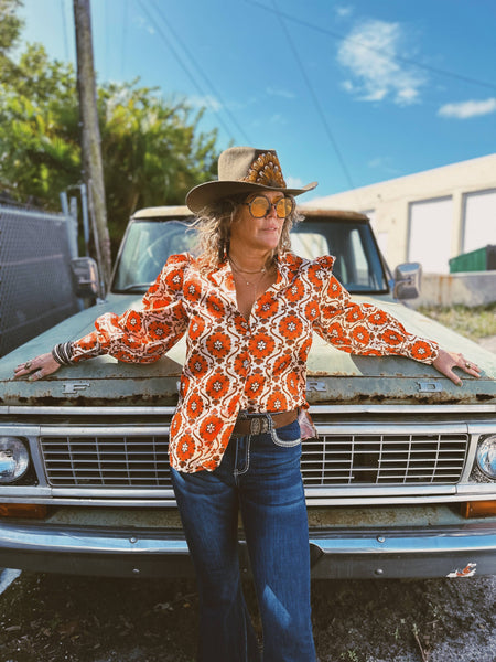 Poppy Flower Pouf Sleeve Button Up Blouse