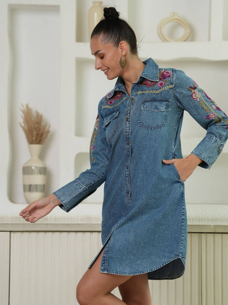 Avani Del Amour - Selena Embroidered Denim Shirt Dress: Ruby Gold