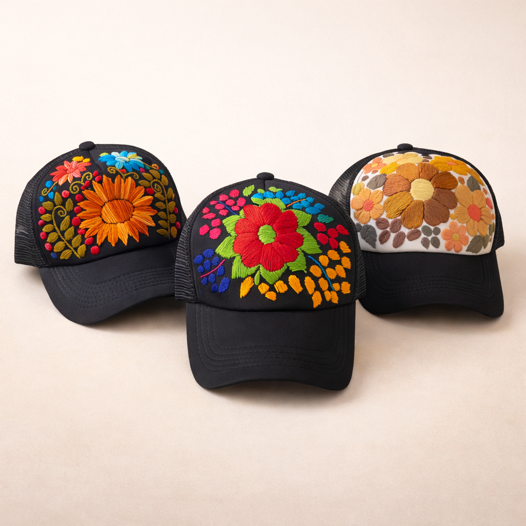Lumily - Tulum Hand Embroidered Trucker Flower Hat - Mexico: Black Assorted