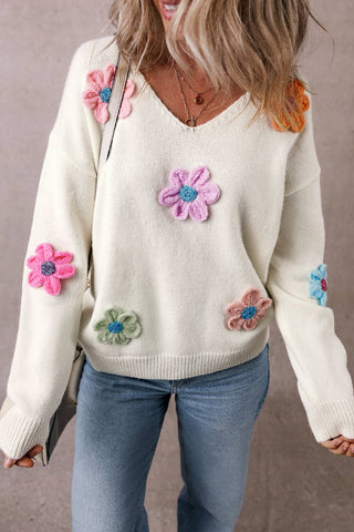 Beautiful Flower Detail Fuzzy V Neck Sweater