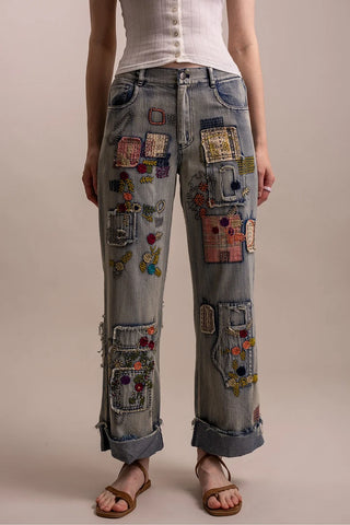 PATCHWORK EMBROIDERED WIDE LEG DENIM PANTS
