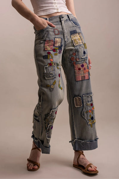 PATCHWORK EMBROIDERED WIDE LEG DENIM PANTS