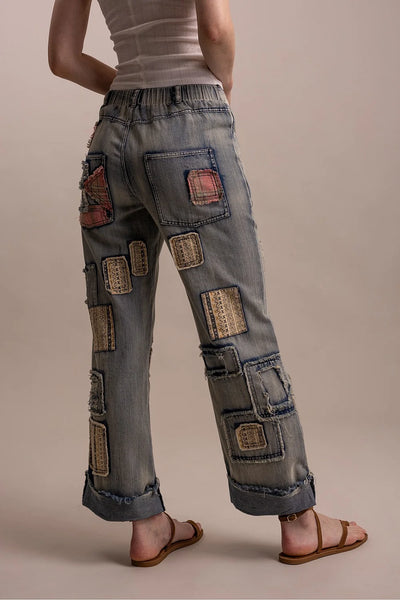 PATCHWORK EMBROIDERED WIDE LEG DENIM PANTS