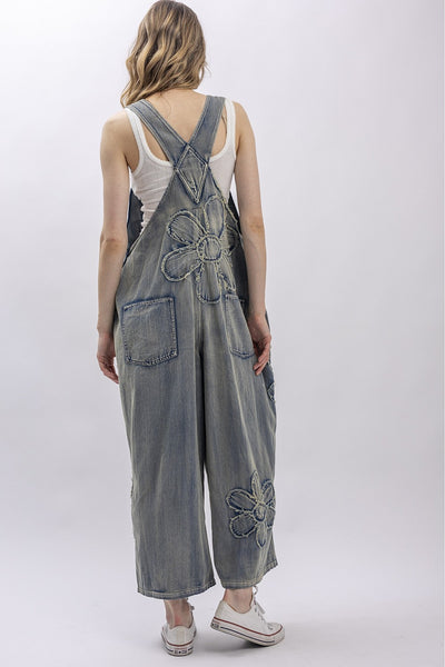 FLOWER PATCHWORK OVERSIZED DENIM OVERALLS