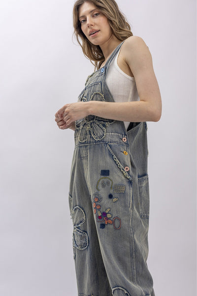 FLOWER PATCHWORK OVERSIZED DENIM OVERALLS