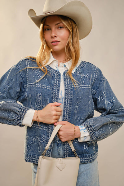 Blue B - 23883J Western Embroidery Puff Sleeve Denim Jacket: MEDIUM WASH / S-M-L (2-2-2)