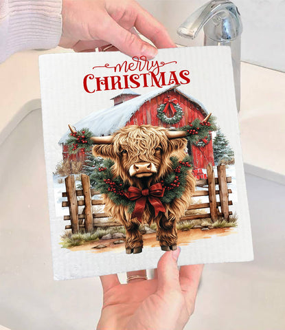 Christmas Highland Cow Barn Western Swedish Dishcloth