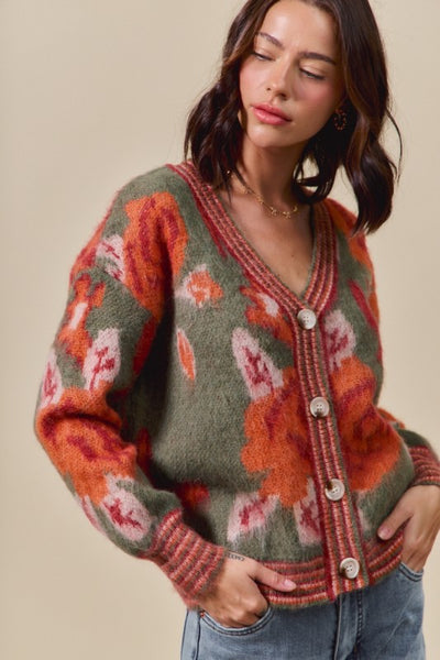 Vintage Floral Pattern Button Sweater Cardigan