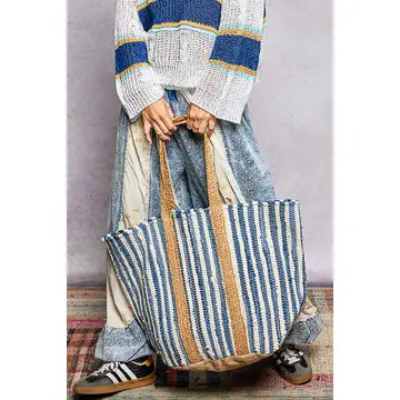 Cotton Weave Stripe Denim Tote Bag