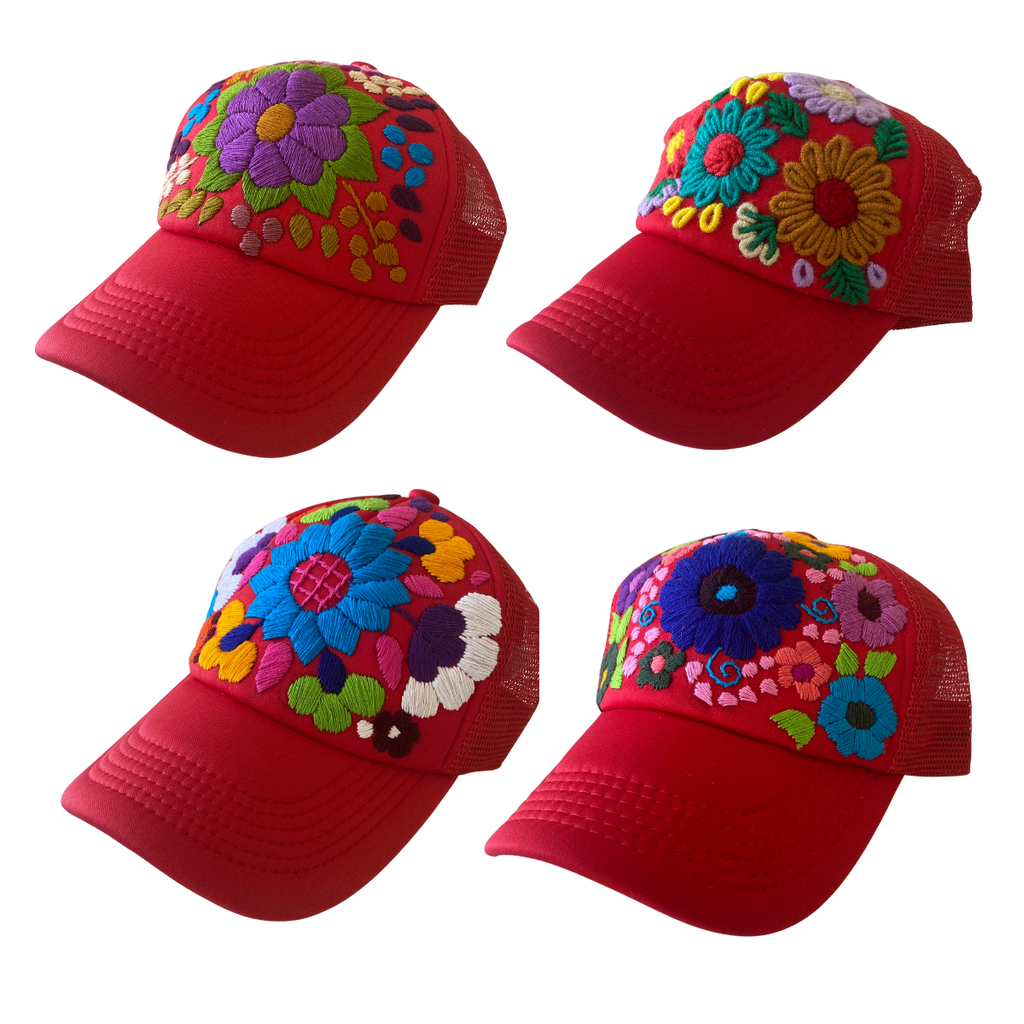Lumily - Tulum Hand Embroidered Trucker Flower Hat - Mexico: Red Assorted