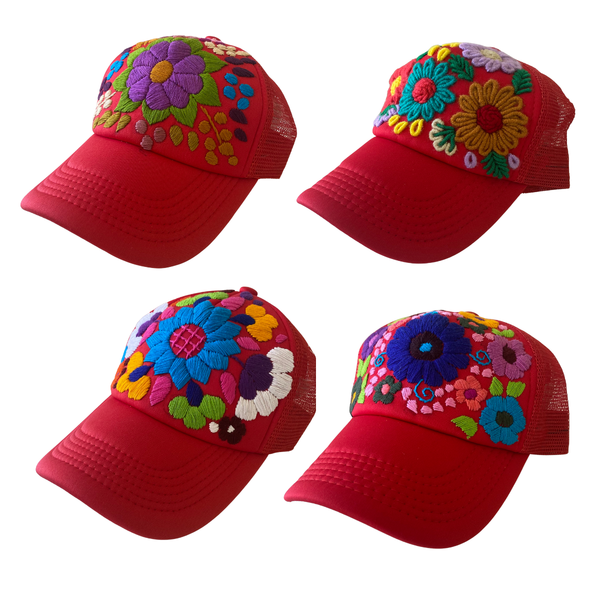 Lumily - Tulum Hand Embroidered Trucker Flower Hat - Mexico: Black Assorted