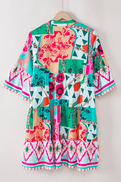 Abstract Print Half Sleeve Tiered Mini Dress