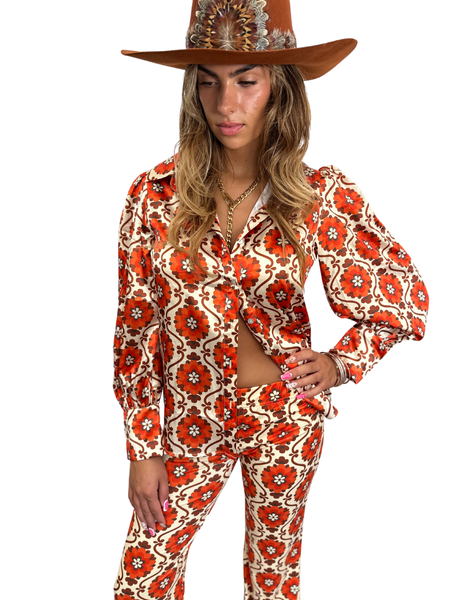 Poppy Flower Pouf Sleeve Button Up Blouse