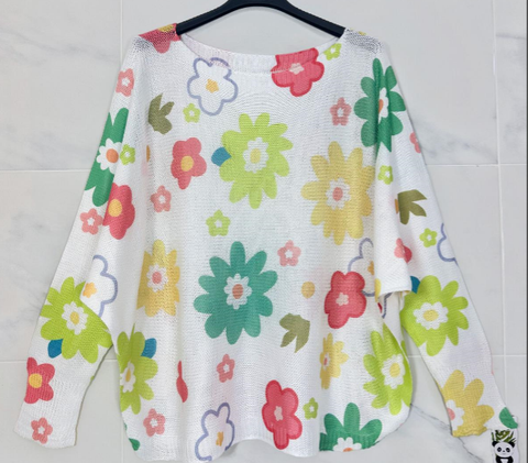 Multi Floral Daisy Round Knit Printed Sweater