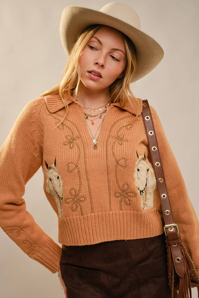 Horse Embroidered Zip Up Mock Neck Sweater