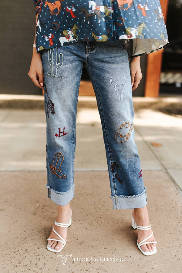 LUCKY & BLESSED - Mid Wash Horse Embroidered Cuffed Raw Edge Boyfriend Jeans: 4