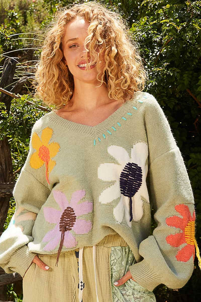 Oversize floral pattern print v-neck pullover sweater