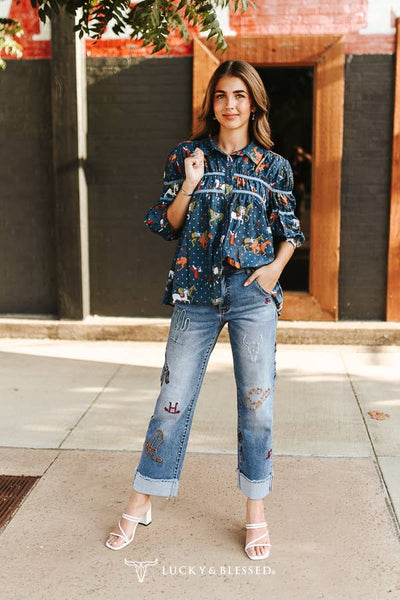 LUCKY & BLESSED - Mid Wash Horse Embroidered Cuffed Raw Edge Boyfriend Jeans: 8