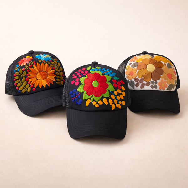 Lumily - Tulum Hand Embroidered Trucker Flower Hat - Mexico: Black