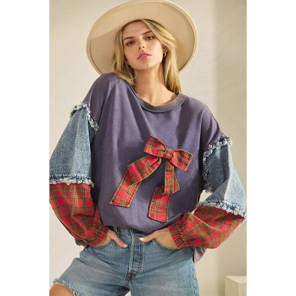 PLAID BOW DENIM SLEEVE PULLOVER