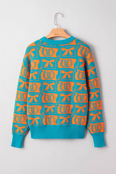66DISCO - 66 Bows Horseshoes Pattern Western Plus Size Sweater (S-4X): Blue / M
