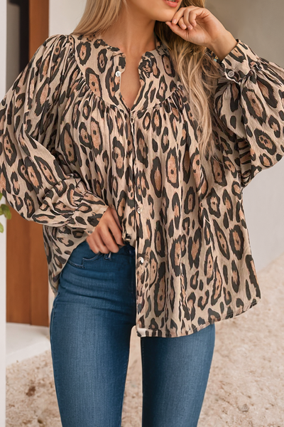 Oversized Leopard Print Balloon Sleeve Casual Shirt