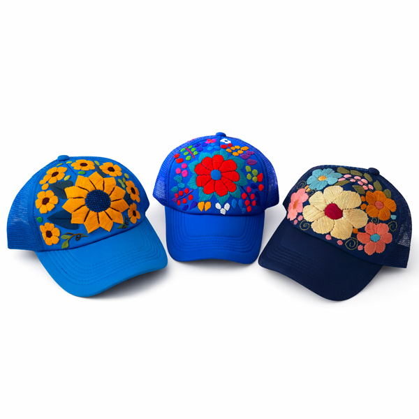 Lumily - Tulum Hand Embroidered Trucker Flower Hat - Mexico: Brown Assorted